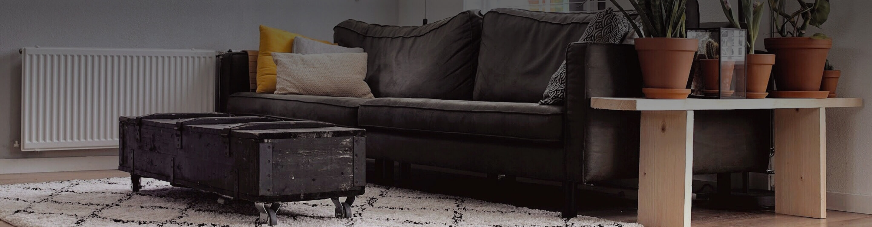 causal living room hardwood floors, casual area rug and comfy sofa